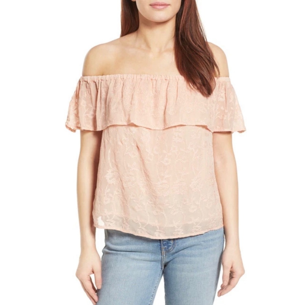 Lucky Brand‎ Coral Peach Embroidered Off The Shoulder Ruffle Top Large Boho